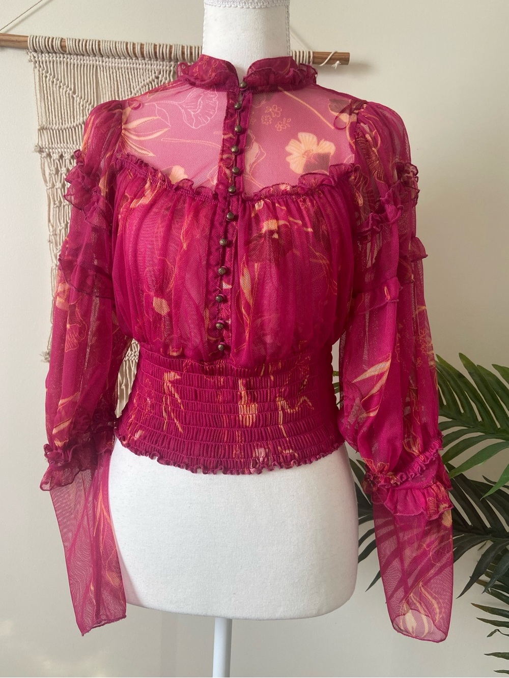 NWT Free People Time for Shine Mesh Smocked Crop Top Magenta Floral S